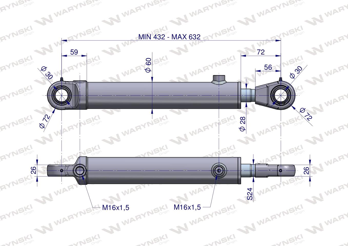 Cylinder hydrauliczny - siłownik dwustronny wspomagania CJF-50/28/200Z (sworzeń 30mm) Bizon Waryński