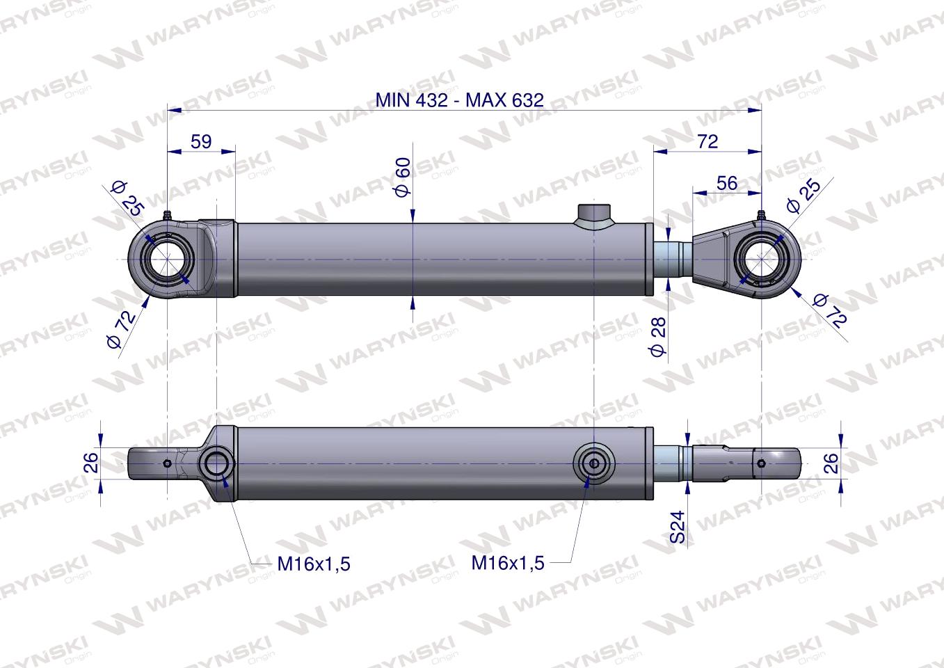 Cylinder hydrauliczny - siłownik dwustronny wspomagania CJF-50/28/200Z (sworzeń 25mm) Bizon Waryński