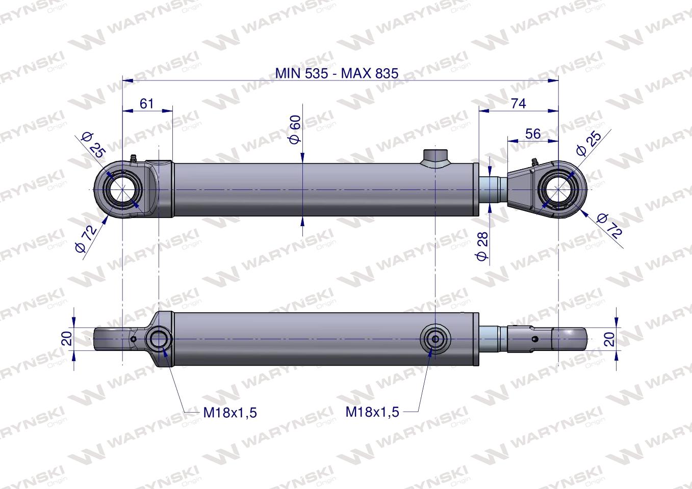 Cylinder hydrauliczny - siłownik dwustronny wspomagania układu kierowniczego (SMT2CJ.50.28.300; 88276909) C-385 6-cyl. Waryński