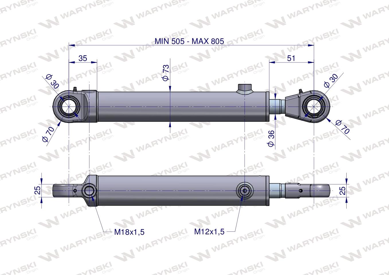 Cylinder hydrauliczny - siłownik dwustronny pomocniczy podnośnika (SMT2CJ.63.36.300; 89409402) C-385 6-cyl. Waryński