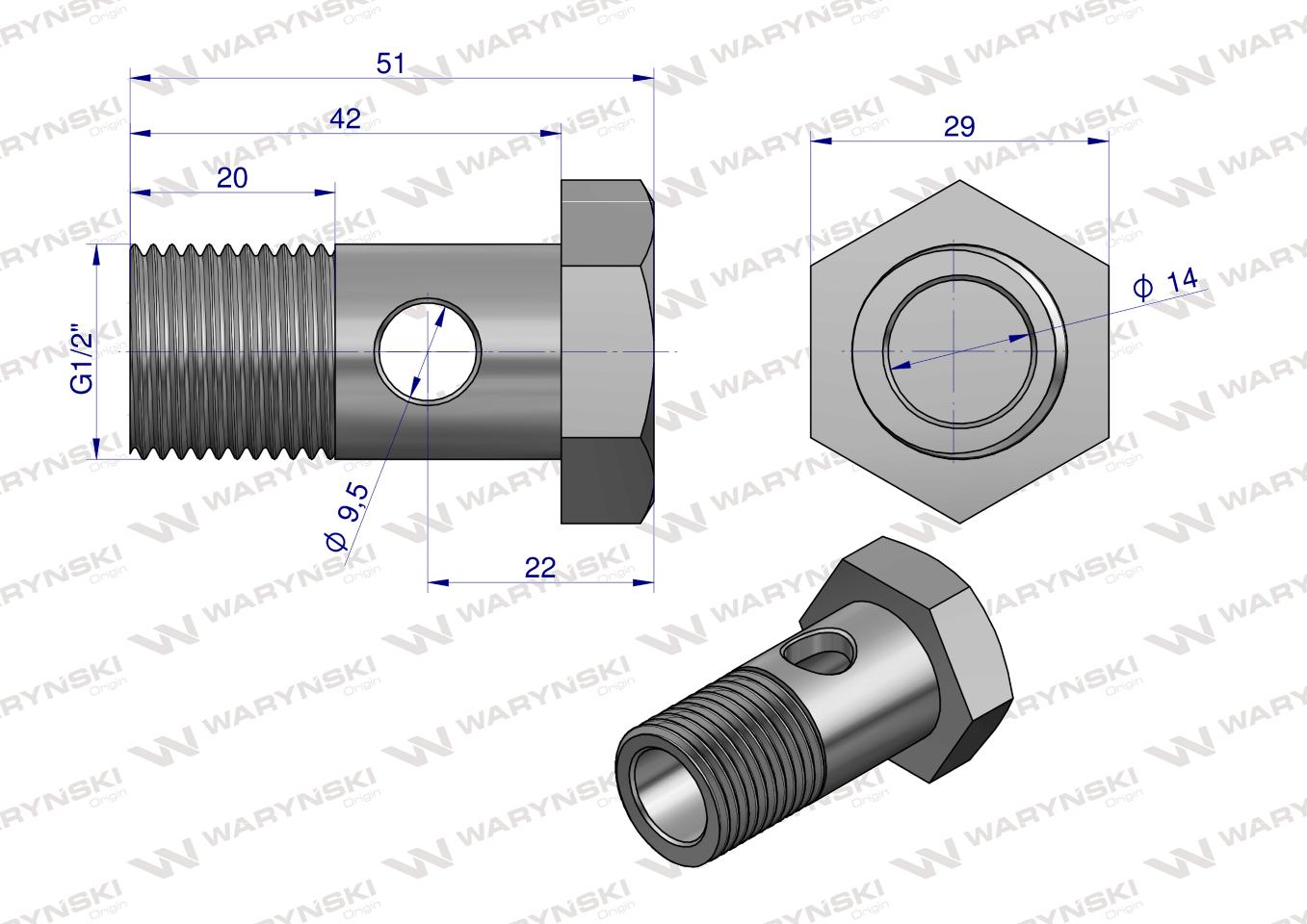 Śruba oczkowa przelewowa calowa G1/2-14. L-42mm. Waryński ( sprzedawane po 10 )