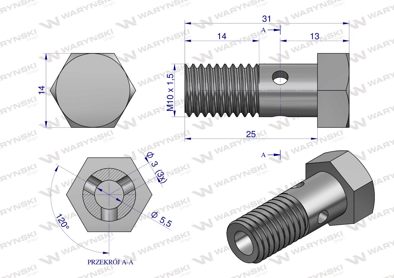 Śruba oczkowa przelewowa metryczna M10x1.5 Waryński ( sprzedawane po 10 )