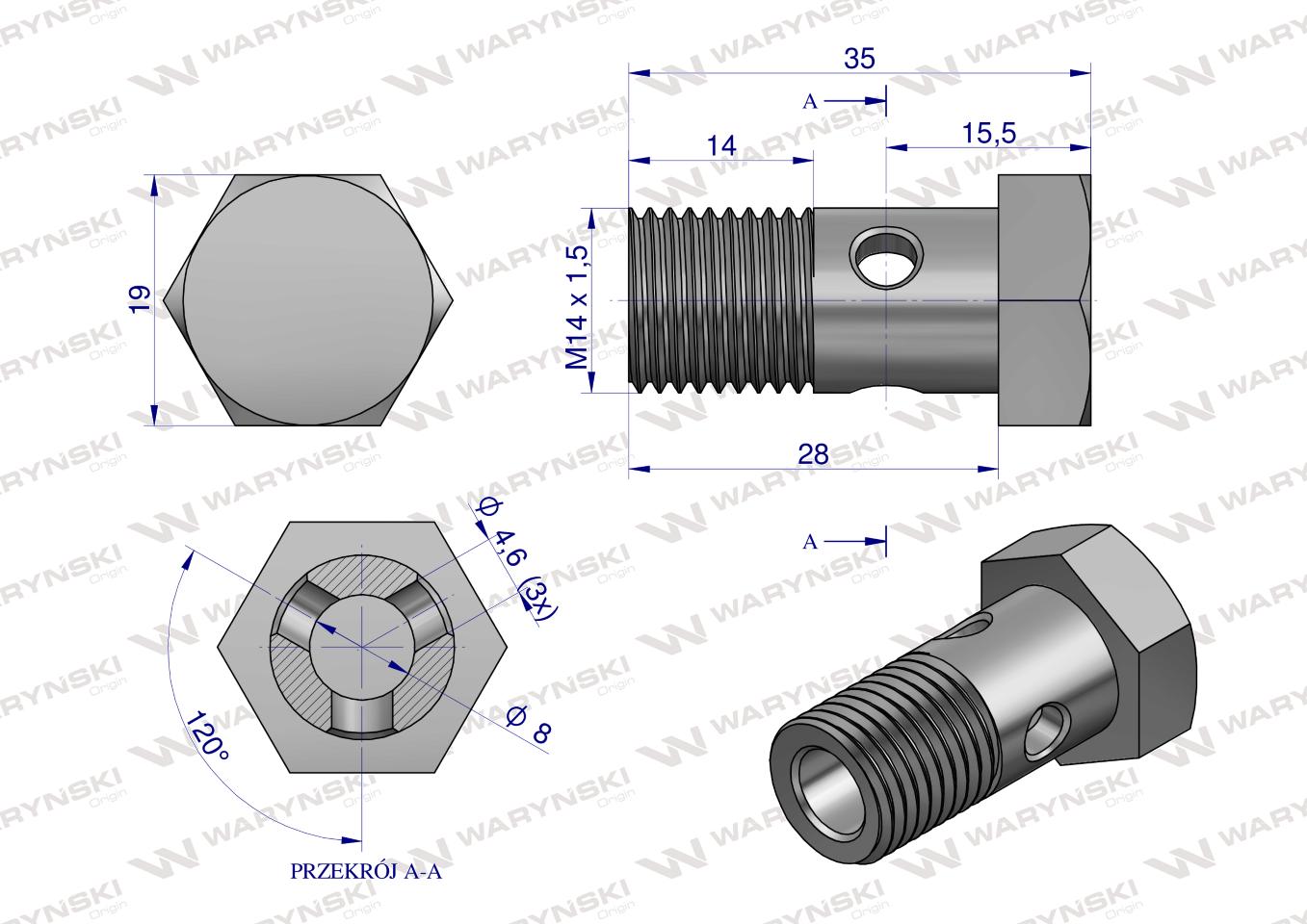 Śruba oczkowa przelewowa metryczna M14x1.5 Waryński ( sprzedawane po 10 )