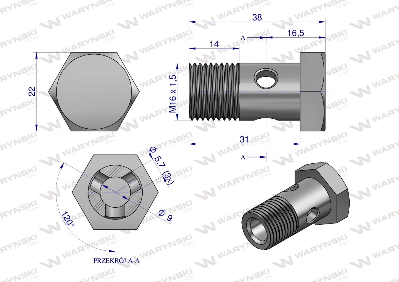 Śruba oczkowa przelewowa metryczna M16x1.5 Waryński ( sprzedawane po 10 )