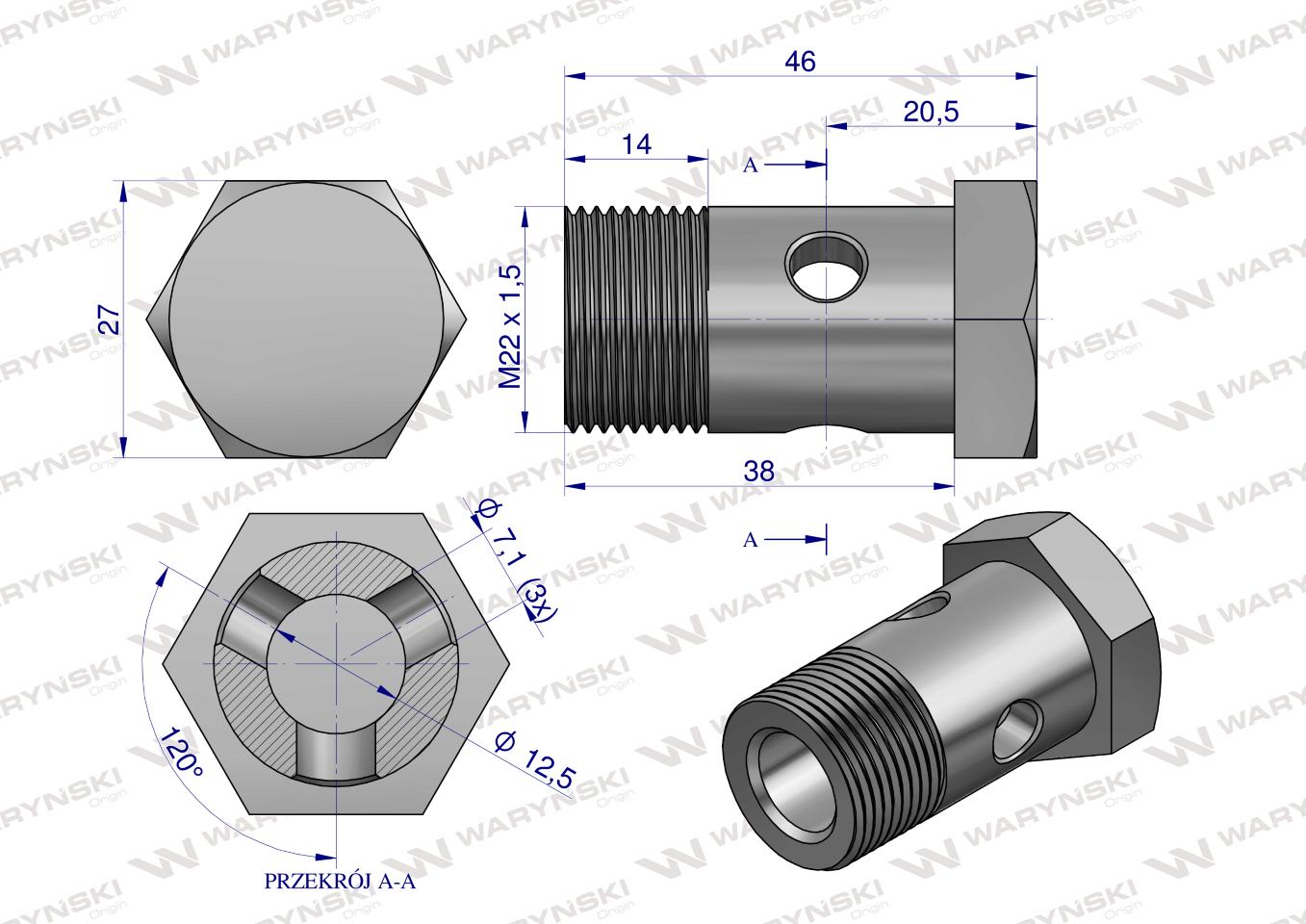 Śruba oczkowa przelewowa metryczna M22x1.5 Waryński ( sprzedawane po 10 )