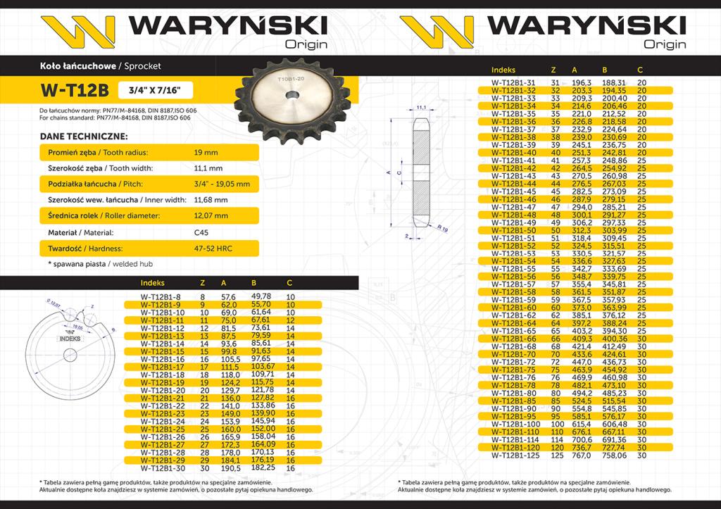 Koło zębate hartowane tarcza 12B-1 (R1 3/4) Z-19 Waryński