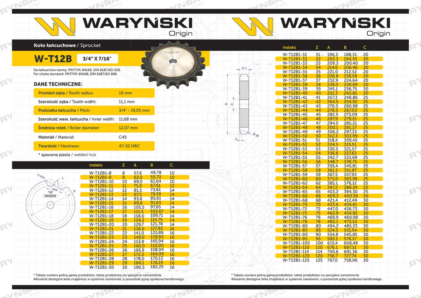 Koło zębate hartowane tarcza 12B-1 (R1 3/4) Z-28 Waryński