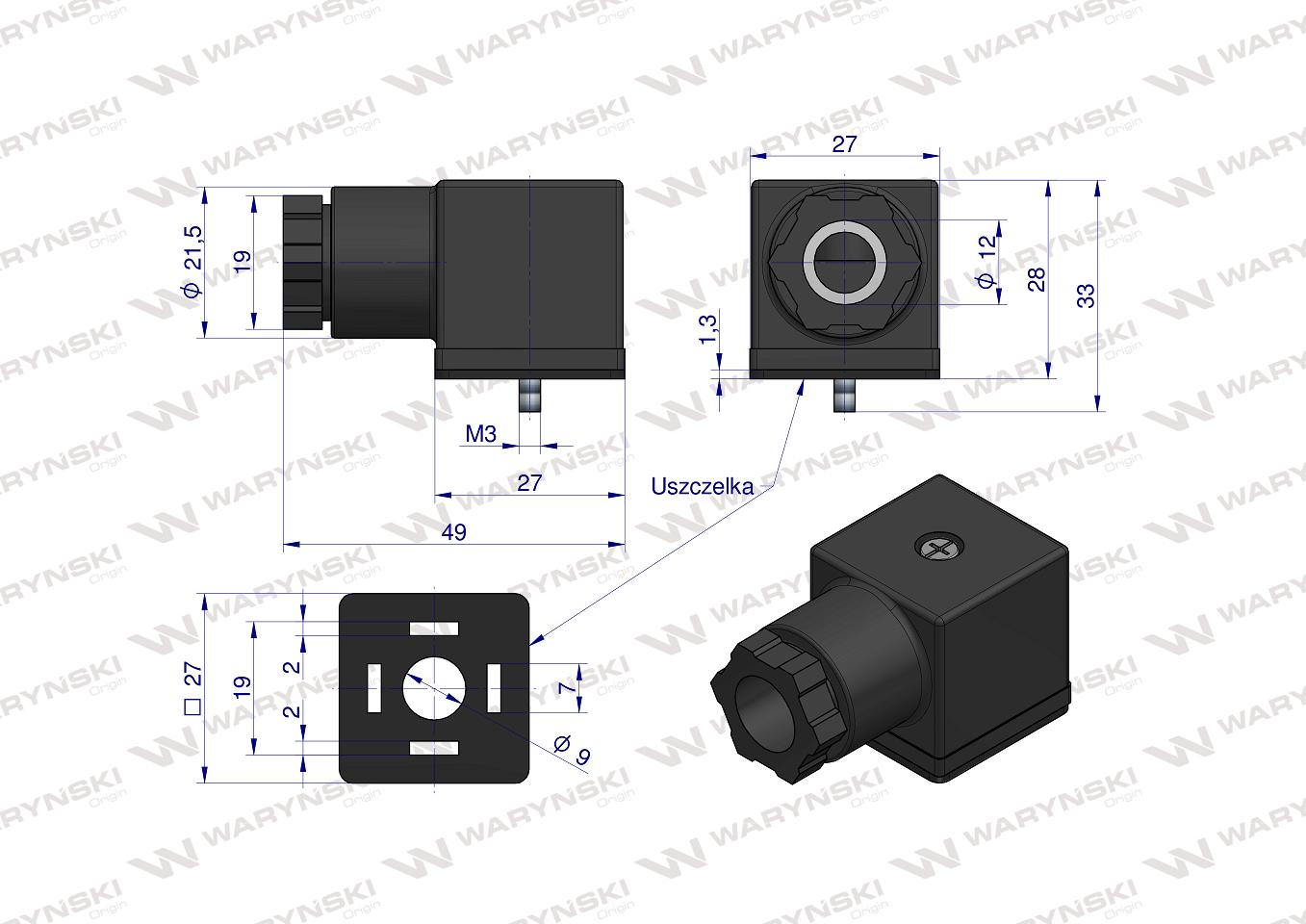 Wtyczka elektryczna (czarna) 12V 24V (SP666) do zasilania cewek elektromagnetycznych z uszczelką Waryński