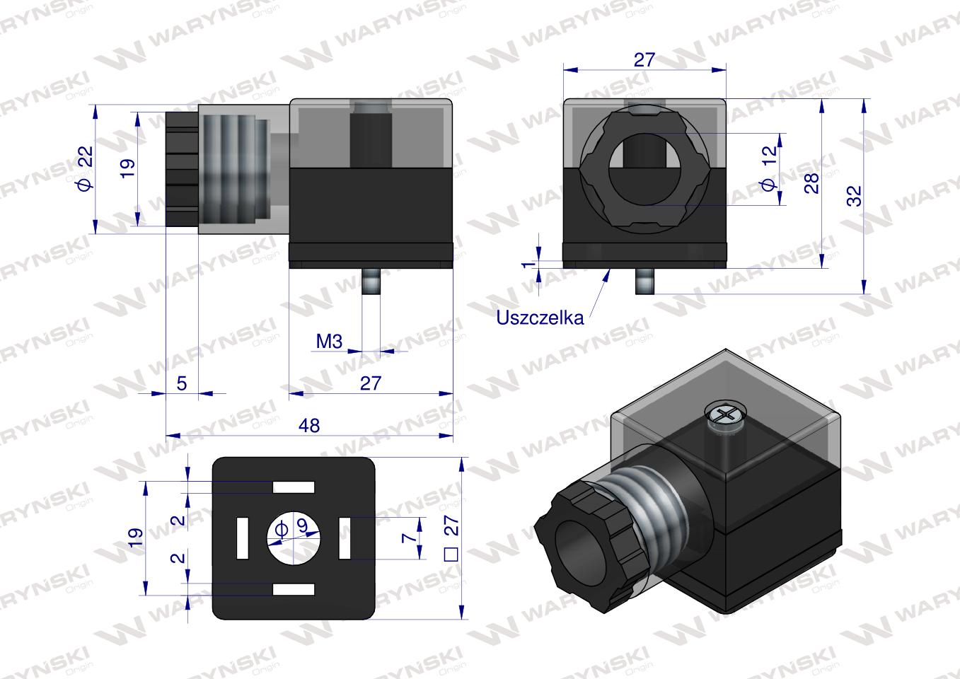 Wtyczka elektryczna W-WTYKVDC 12V 24V (SP666) do zasilania cewek elektromagnetycznych z diodą i uszczelką Waryński