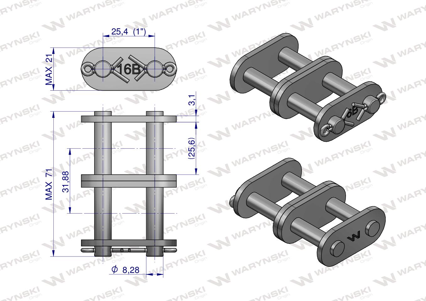Zamek łańcucha prosta płytka Z16B-2 (R2 1) Waryński ( sprzedawane po 5 )