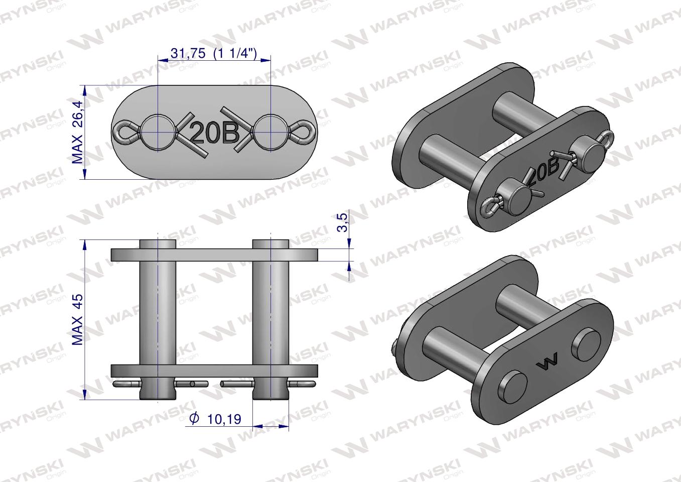 Zamek łańcucha prosta płytka Z20B-1 (R1 1.1/4) Waryński ( sprzedawane po 5 )