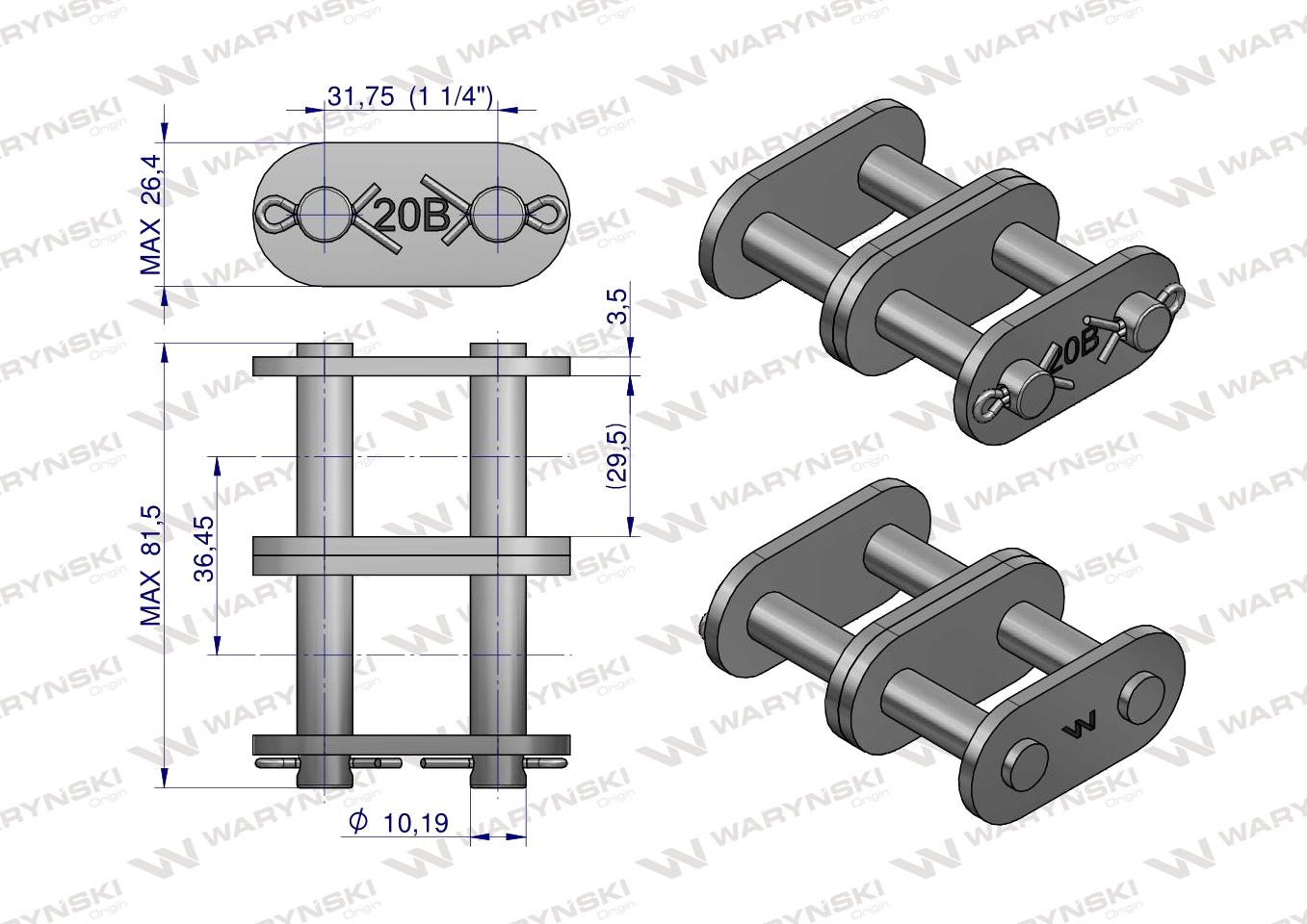 Zamek łańcucha prosta płytka Z20B-2  (R2 1.1/4) Waryński ( sprzedawane po 5 )