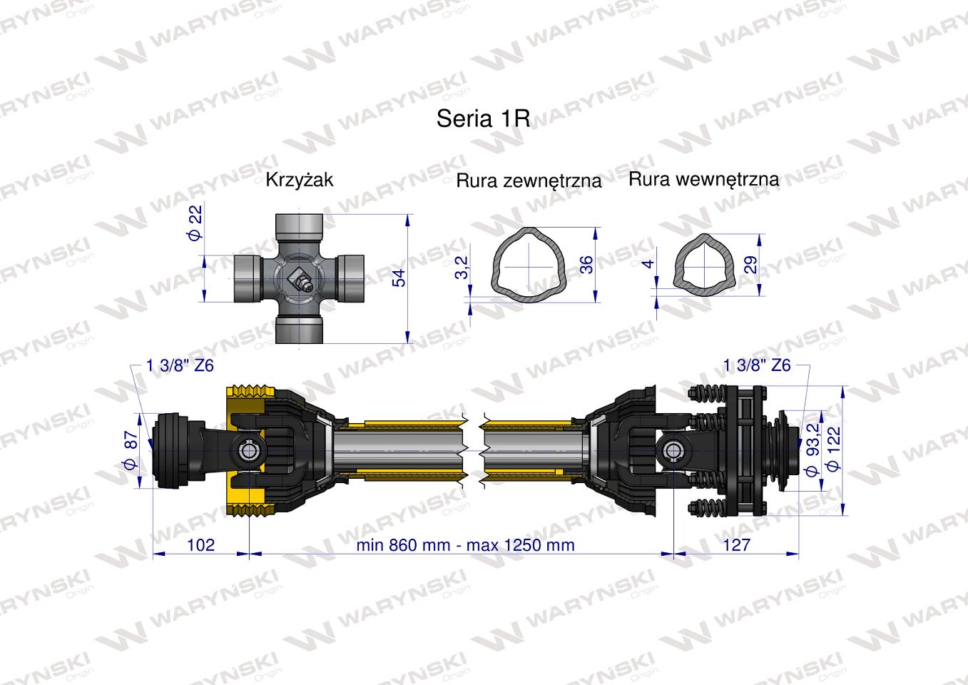 Wał przegubowo-teleskopowy 860-1250mm 210Nm sprzęgło cierne 300Nm CE 2020 2020 seria 1R WARYŃSKI
