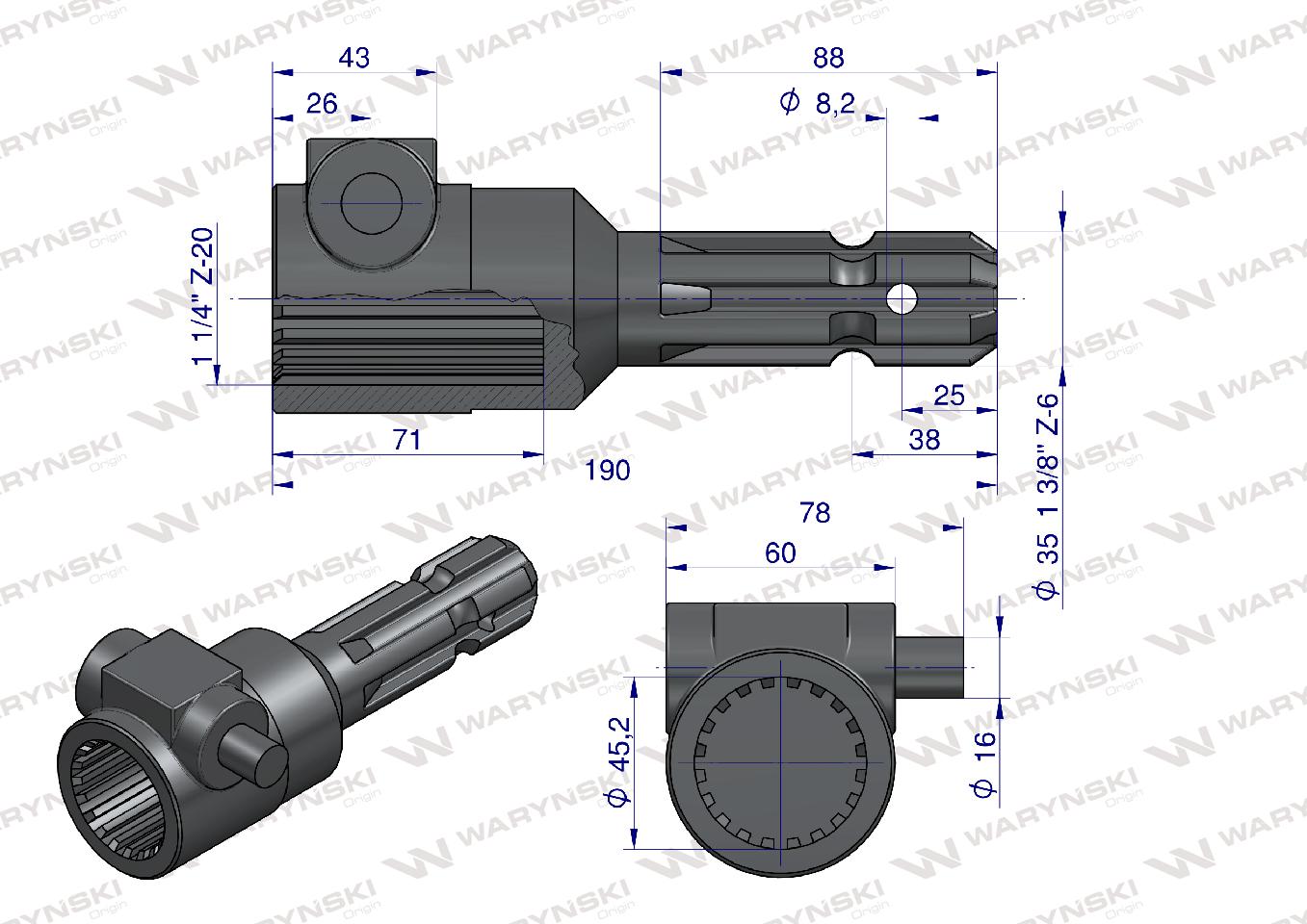 Redukcja adapter na trzpień 1 3/4" 20 wpustów na wałek 1 3/8" 6 wpustów WARYŃSKI