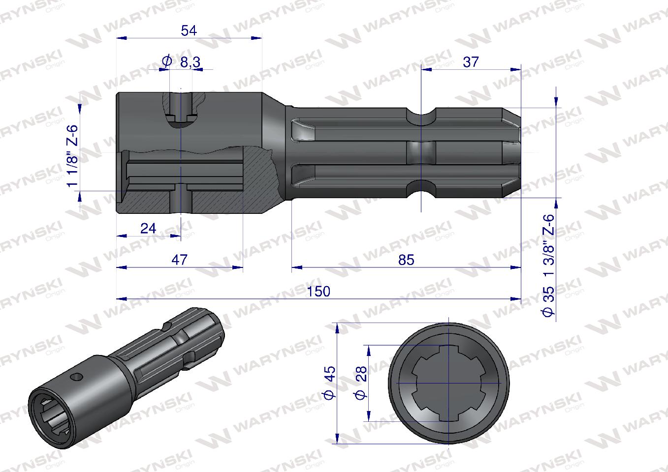 Redukcja adapter z otworem zabezpieczającym 1 1/8" 6 wpustów na wałek 1 3/8" 6 wpustów WARYŃSKI
