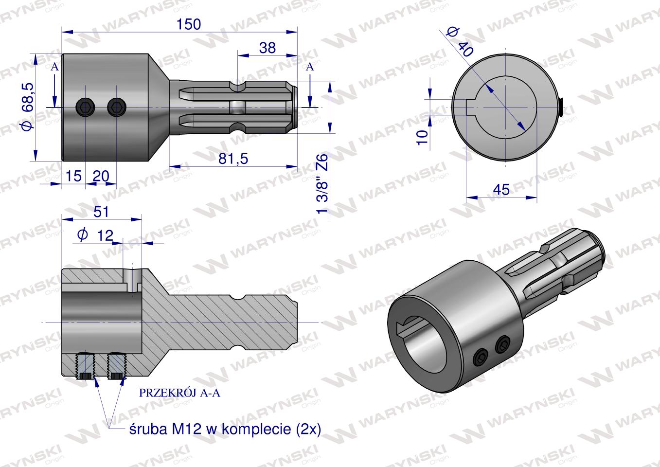Redukcja adapter na wpust otwór wew. Q 40 mm na wałek 1 3/8 " 6 wpustów WARYŃSKI