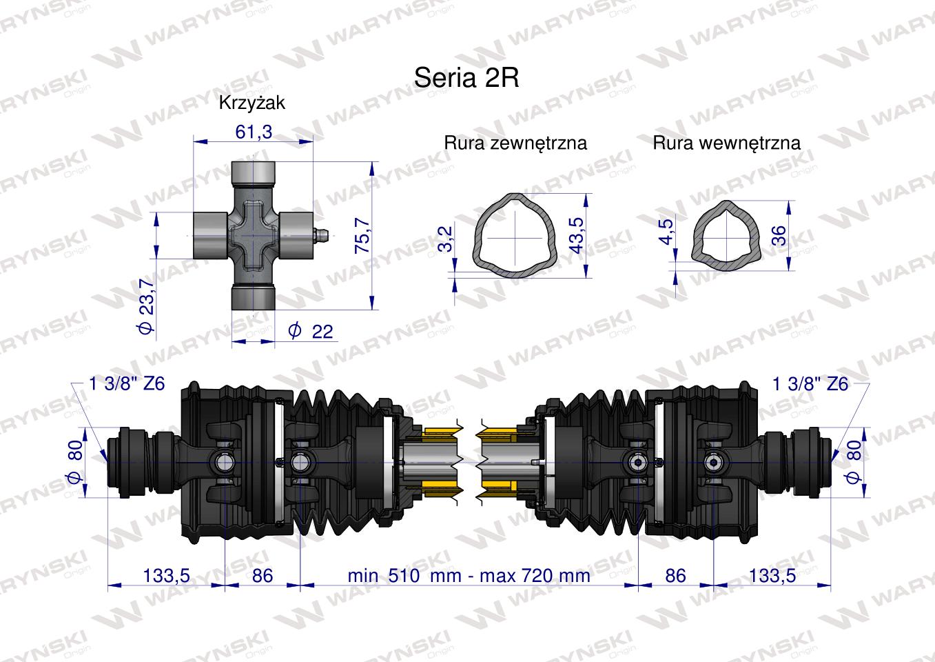 Wał przegubowo-teleskopowy 510-720mm 270Nm szerokokątny z dwóch stron CE seria 2R WARYŃSKI