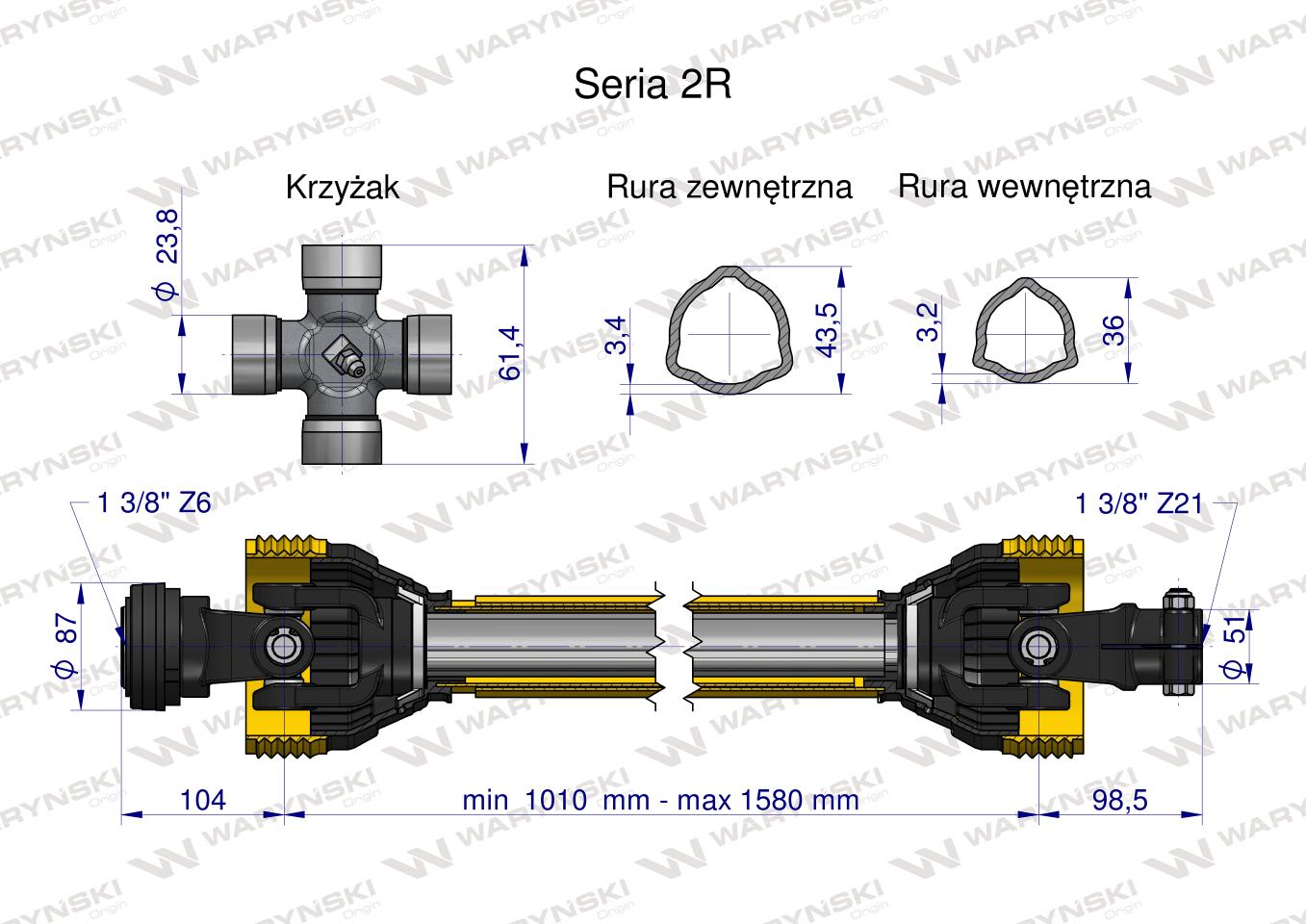 Wał przegubowo-teleskopowy 1010-1580mm 270Nm widłak Z21 skręcany na śrubę 40270 CE 2020 seria 2R WARYŃSKI