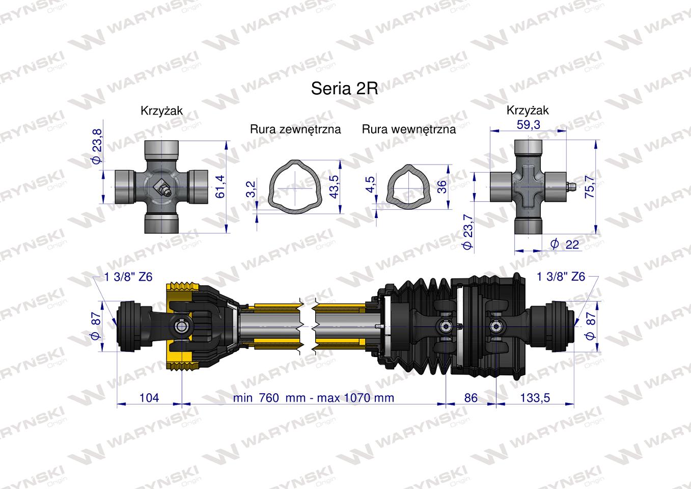 Wał przegubowo-teleskopowy 760-1070mm 270Nm szerokokątny CE 2020 seria 2R WARYŃSKI