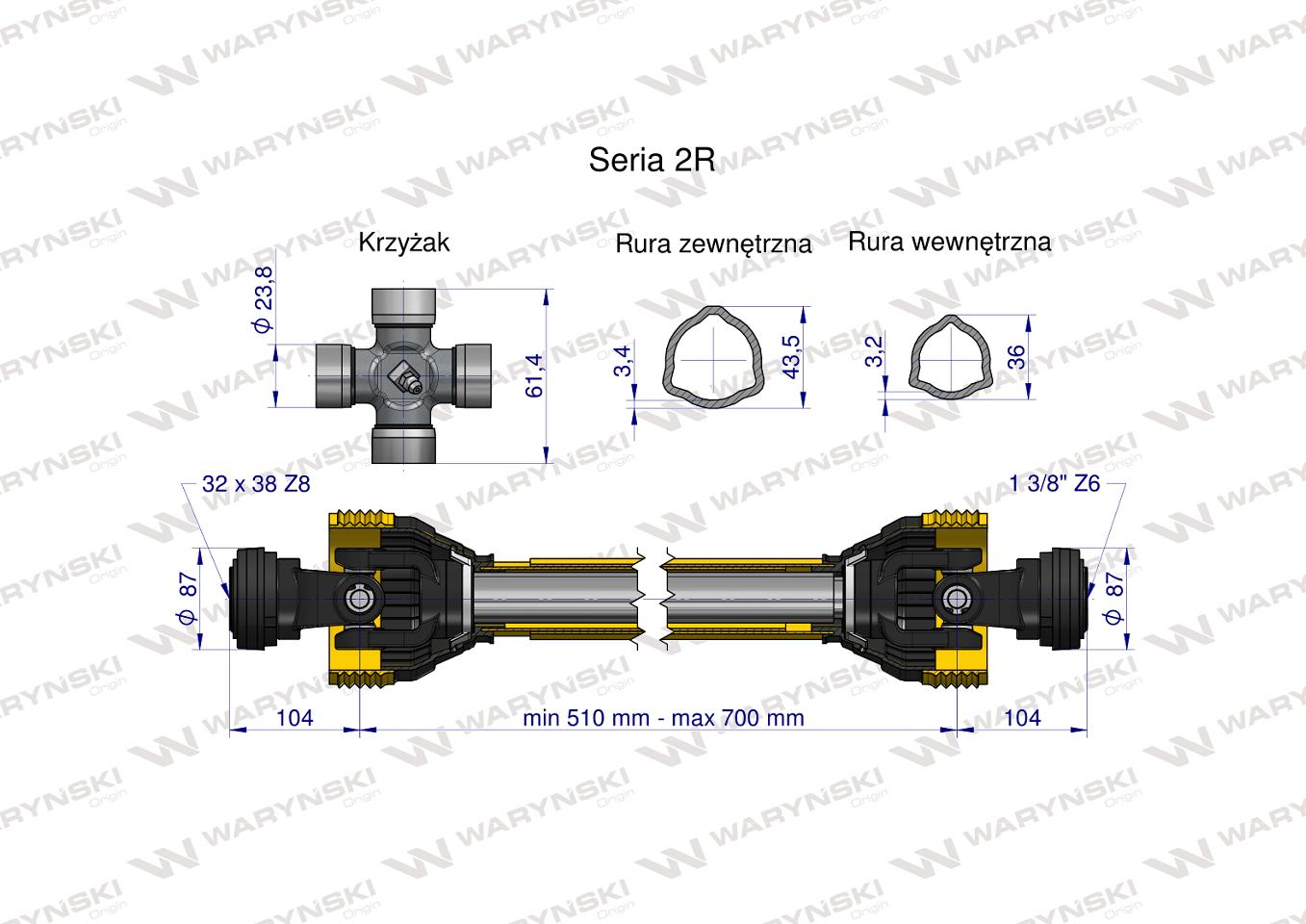 Wał przegubowo-teleskopowy 510-700mm 270Nm 32X38 Z8 rosyjski 40210 CE 2020 seria 2R WARYŃSKI