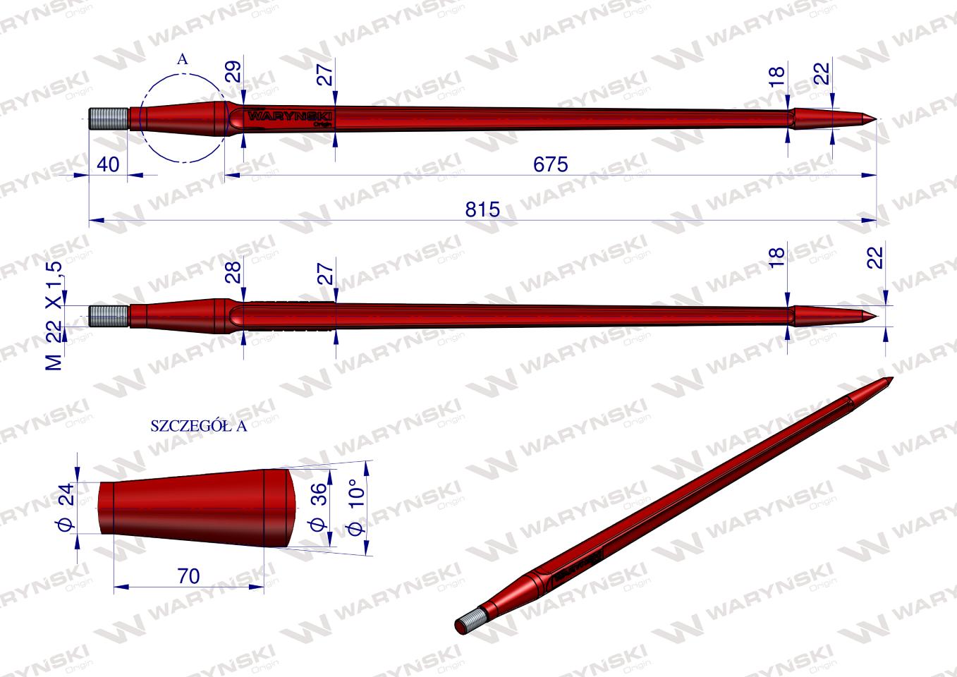 Ząb ładowacza uniwersalny czerwony prosty L- 810 mm zastosowanie 5193-FT1N Tur WARYŃSKI W9132-810P