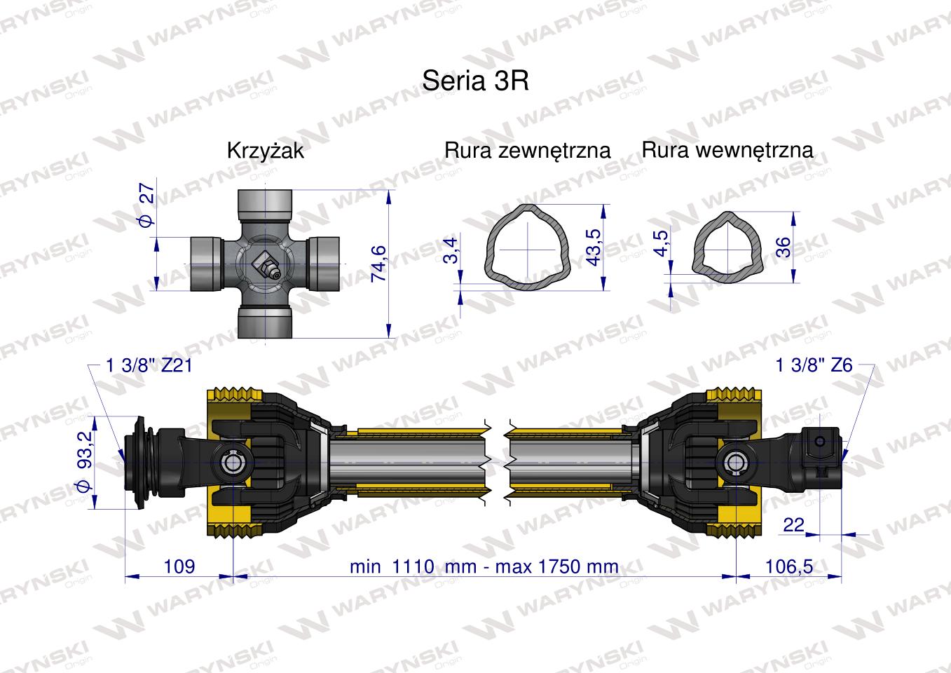 Wał przegubowo-teleskopowy 1110-1750mm 460Nm widłak Z21 od st.ciągnika CE seria 3R WARYŃSKI