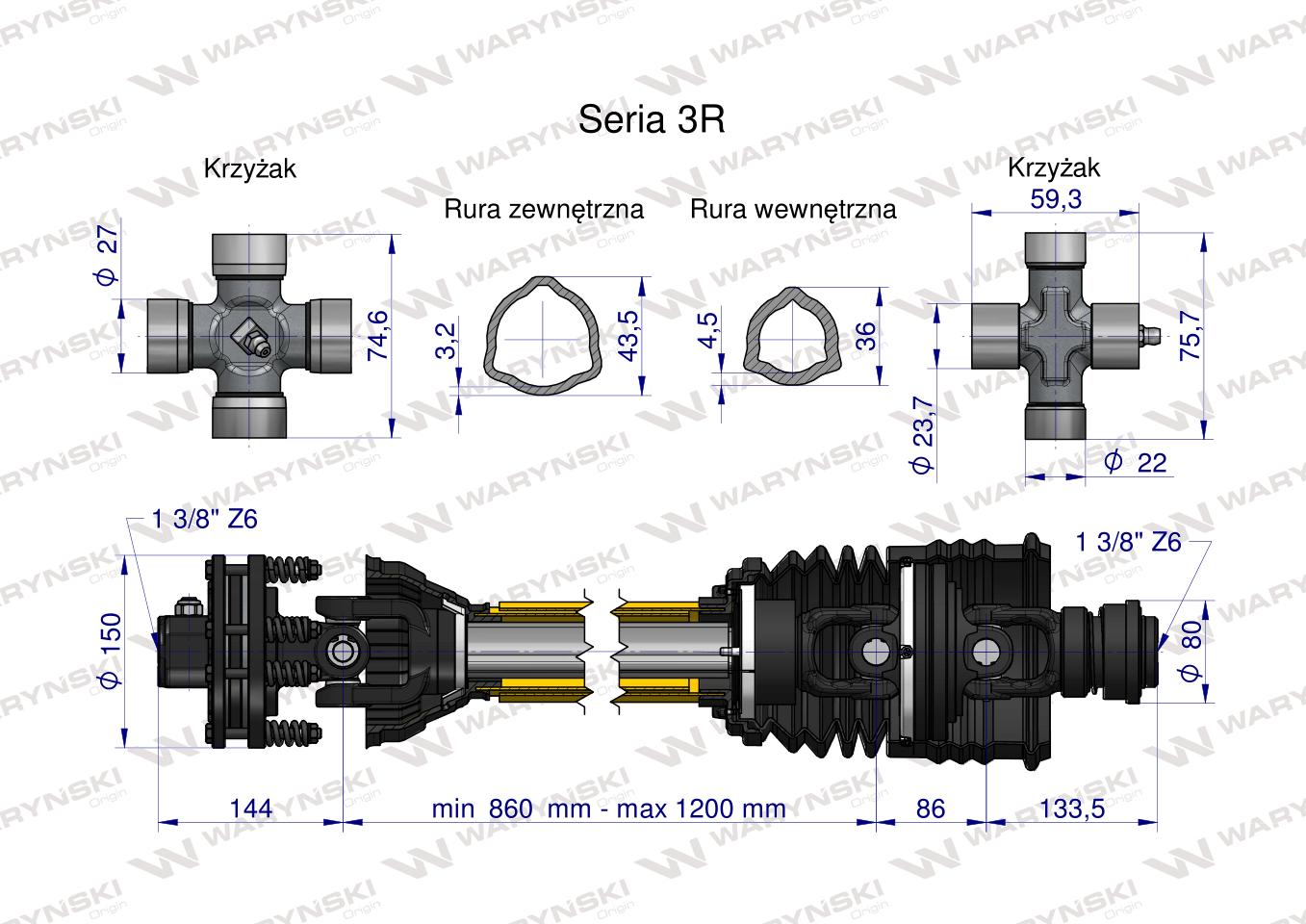 Wał przegubowo-teleskopowy 860-1200mm 460Nm sprzęgło cierne 900Nm szerokokątny CE seria 3R WARYŃSKI