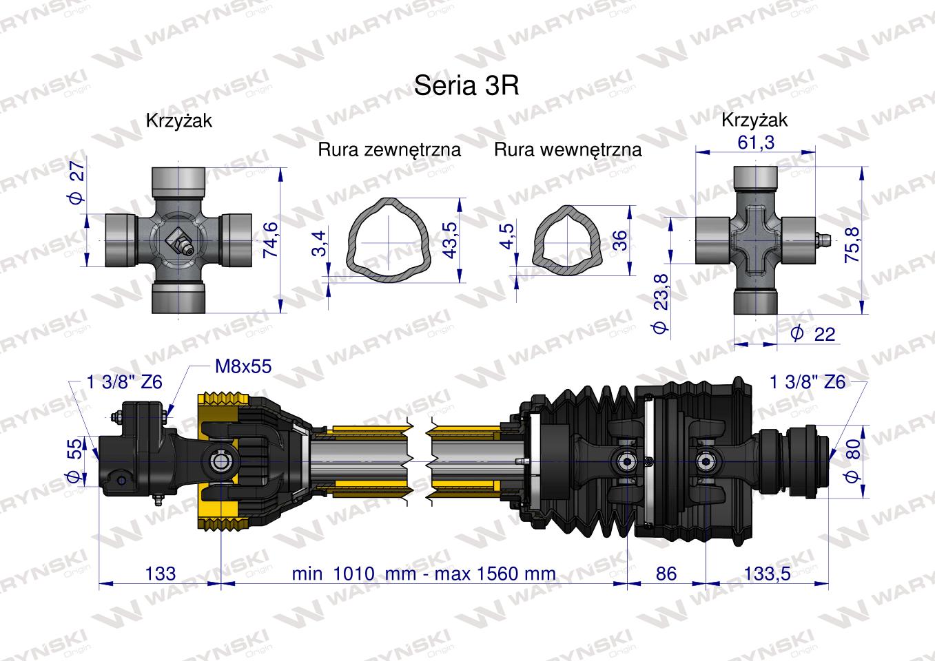 Wał przegubowo-teleskopowy 1010-1560mm 460Nm sprzęgło z kołkiem szerokokątny CE seria 3R WARYŃSKI