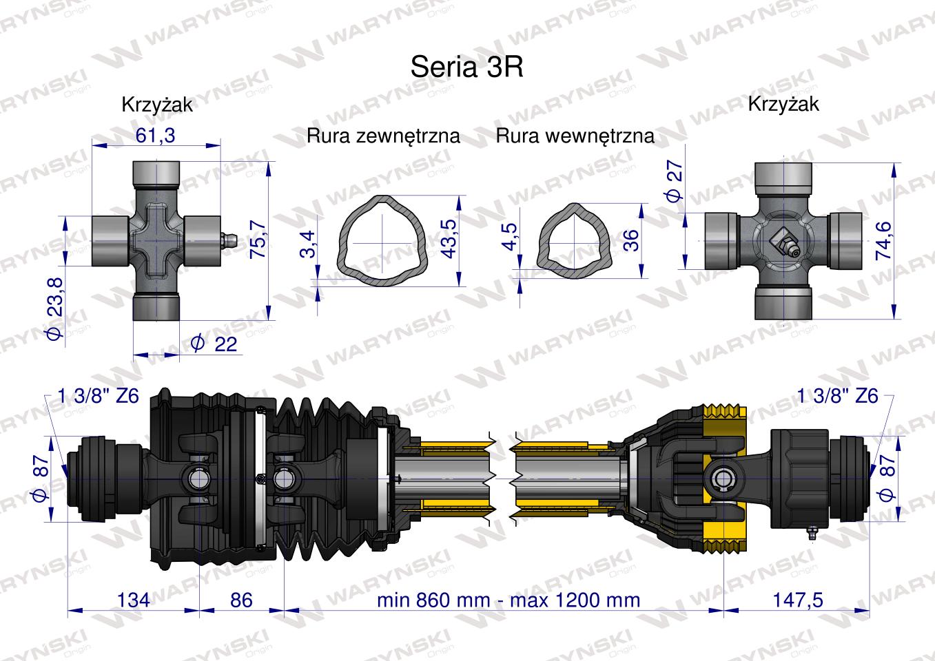 Wał, przegubowo-teleskopowy 860-1200mm 460Nm szerokokątny z drugiej strony sprzęgło jednokierunkowe CE 2020 seria 3R, Waryński