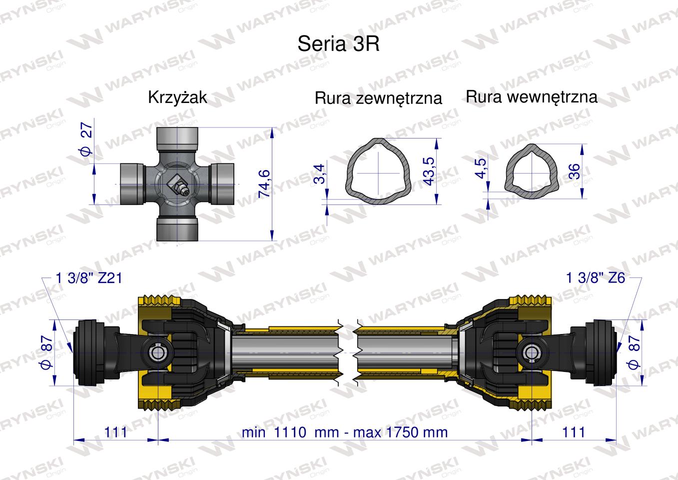 Wał przegubowo-teleskopowy 1110-1750mm 460Nm widłak Z21 CE 2020 seria 3R WARYŃSKI