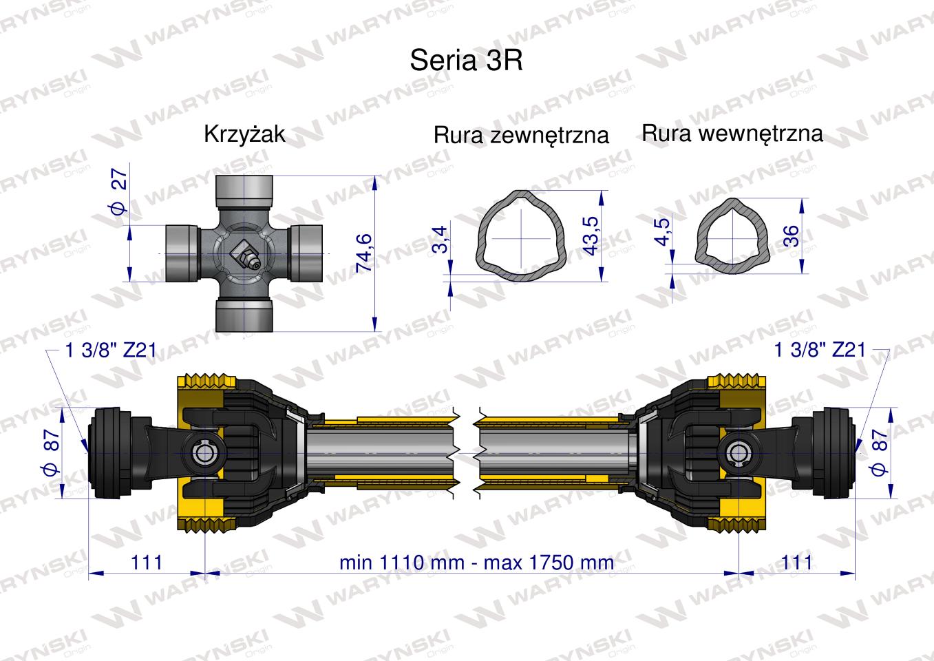 Wał przegubowo-teleskopowy 1110-1750mm 460Nm Z21 z dwóch stron CE 2020 seria 3R WARYŃSKI