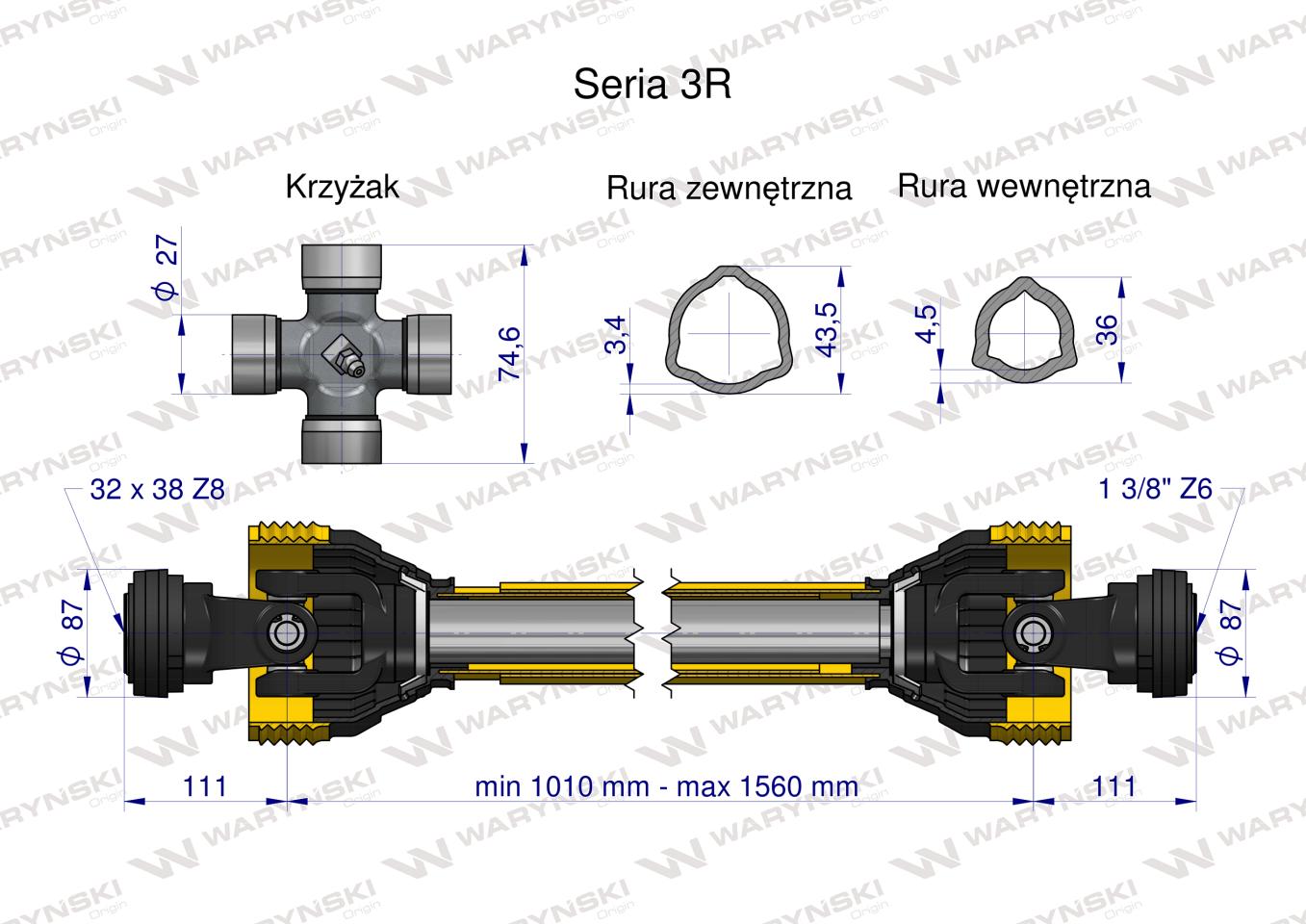 Wał przegubowo-teleskopowy 1010-1560mm 460Nm 32X38 Z8 rosyjski CE 2020 seria 3R WARYŃSKI