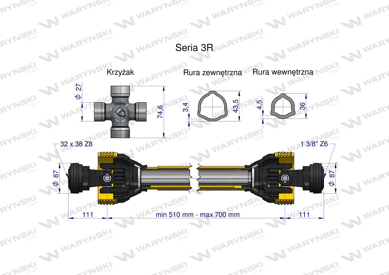 Wał przegubowo-teleskopowy 510-700mm 460Nm 32X38 Z8 rosyjski 50210 CE 2020 seria 3R WARYŃSKI