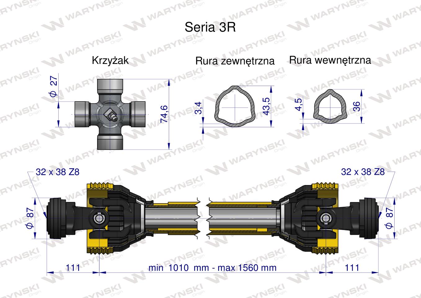 Wał przegubowo-teleskopowy 1010-1560mm 460Nm 32X38 Z8 rosyjski z dwóch stron CE 2020 seria 3R WARYŃSKI