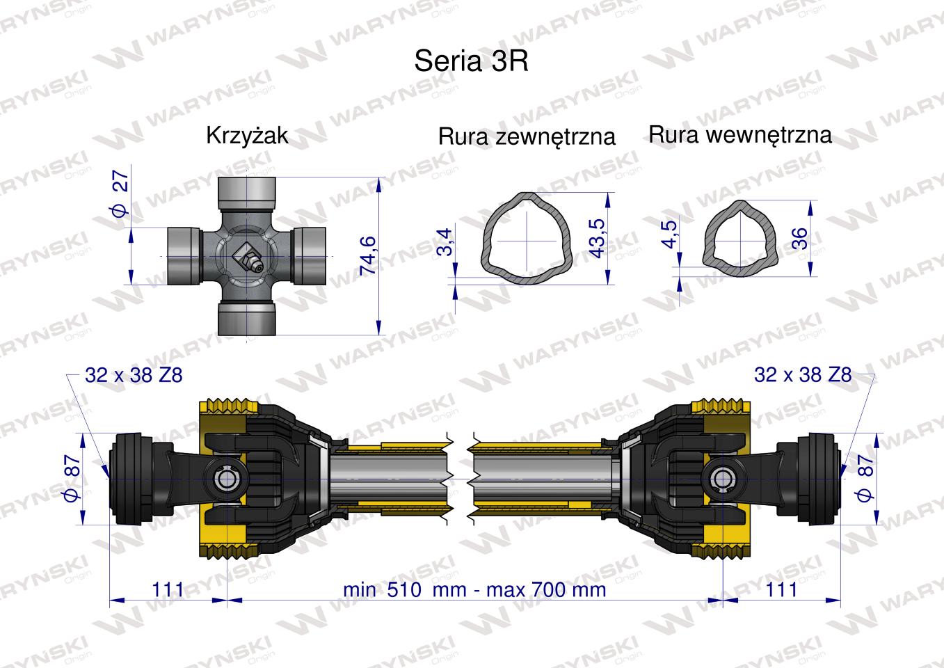 Wał przegubowo-teleskopowy 510-700mm 460Nm 32X38 Z8 rosyjski z dwóch stron 50210 CE 2020 seria 3R WARYŃSKI