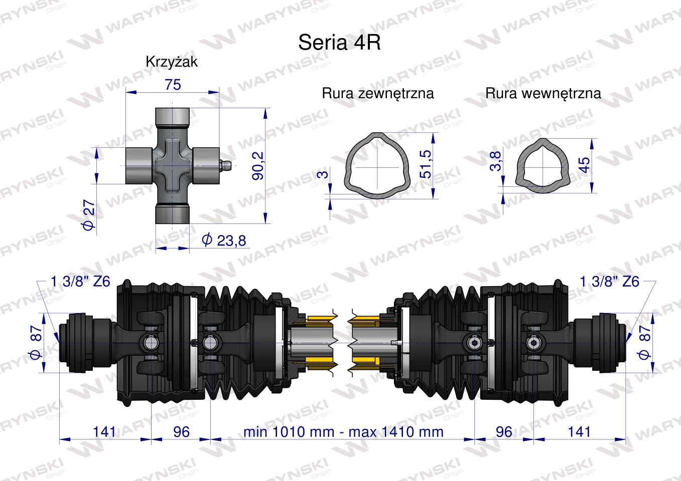 Wał, przegubowo-teleskopowy 1010-1410mm 540Nm szerokokątny z dwóch stron CE 2020 seria 4R, Waryński