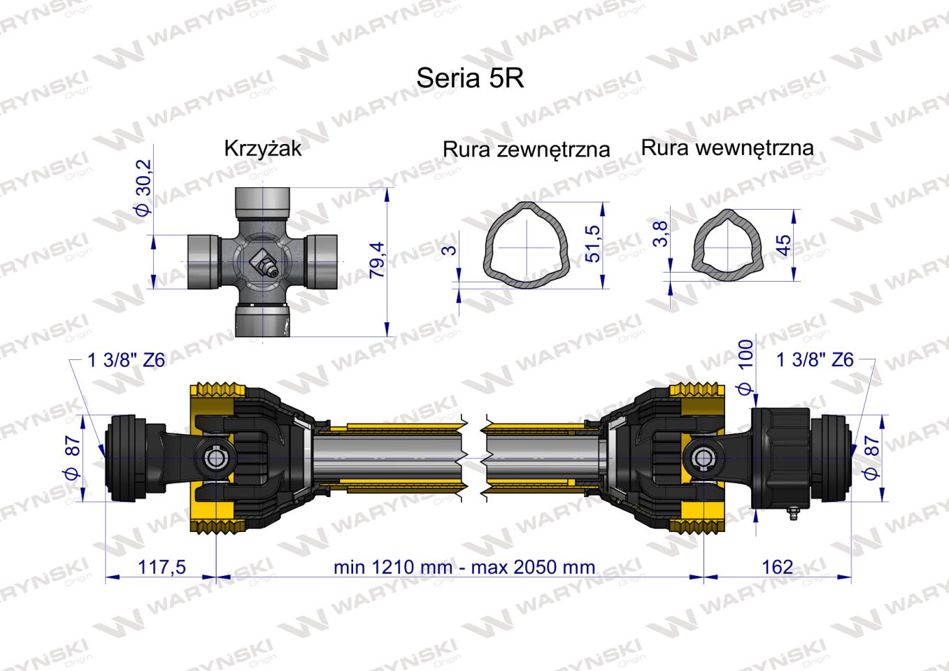 Wał przegubowo-teleskopowy 1290-2050mm 620Nm sprzęgło jednokierunkowe 60290 CE 2020 seria 5R Waryński