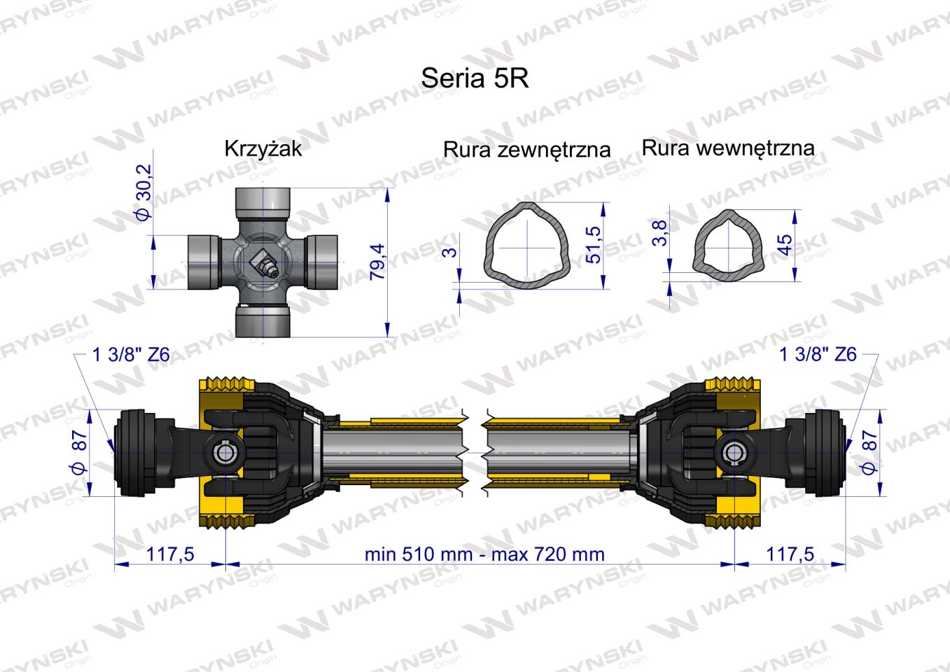 Wał przegubowo-teleskopowy 510-720mm 620Nm 60210 CE 2020 seria 5R WARYŃSKI