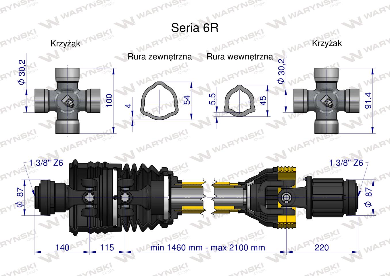 Wał, przegubowo-teleskopowy 1460-2100mm 830Nm szerokokątny z drugiej strony sprzęgło zapadkowe 1500Nm CE 2020 seria 6R, Waryński