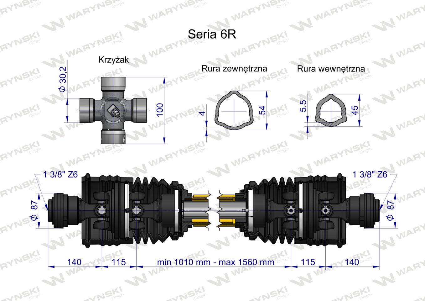 Wał przegubowo-teleskopowy 1010-1560mm 830Nm szerokokątny z dwóch stron CE 2020 seria 6R WARYŃSKI