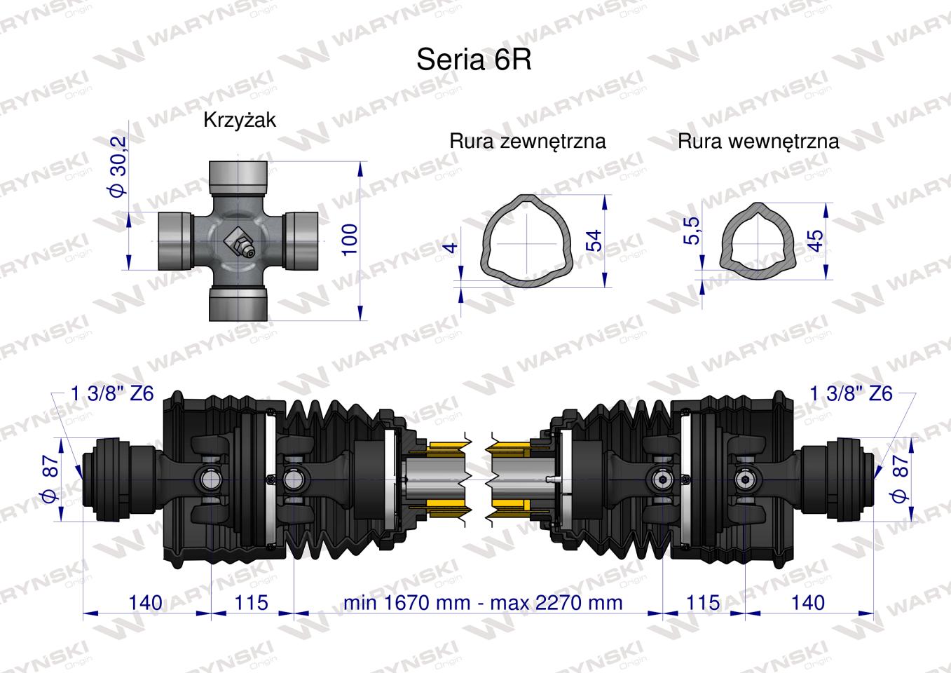 Wał przegubowo-teleskopowy 1670-2270mm 830Nm szerokokątny z dwóch stron CE 2020 seria 6R Waryński