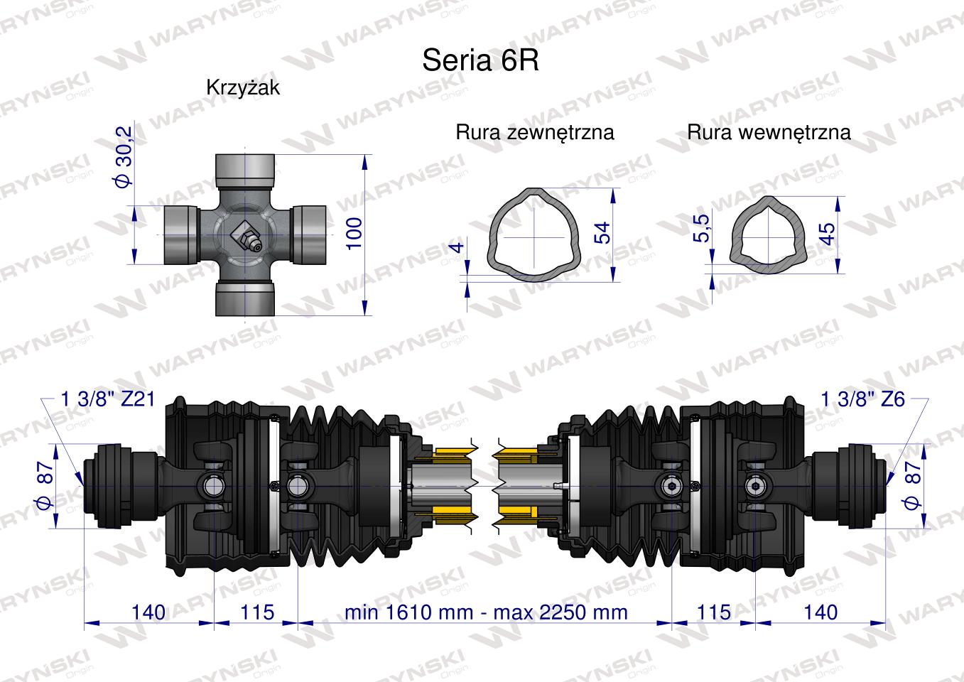 Wał, przegubowo-teleskopowy 1610-2250mm 830Nm szerokokątny Z21 CE 2020 seria 6R, Waryński