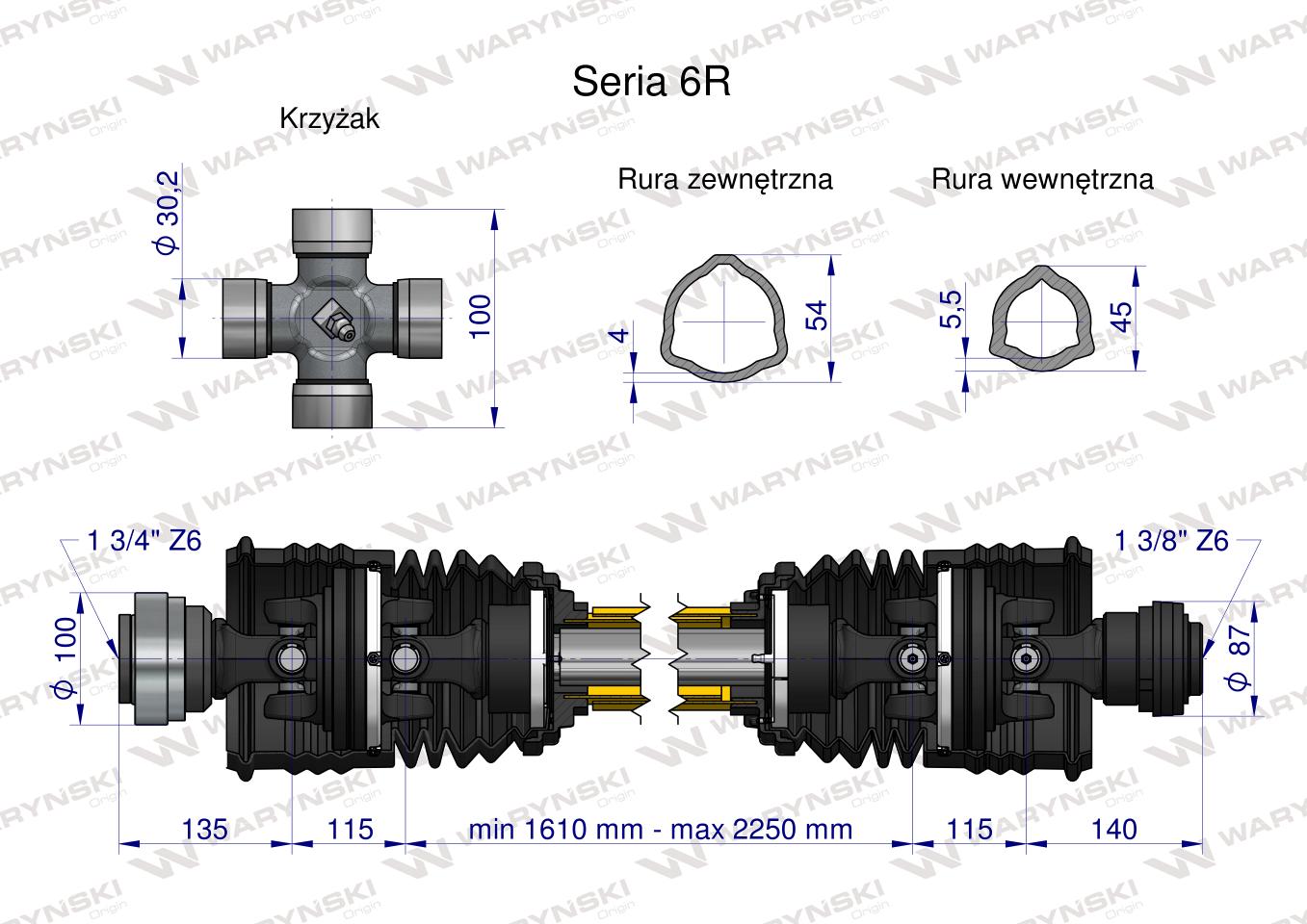 Wał, przegubowo-teleskopowy 1610-2250mm 830Nm szerokokątny Z6 - 1 3/4 CE 2020 seria 6R, Waryński