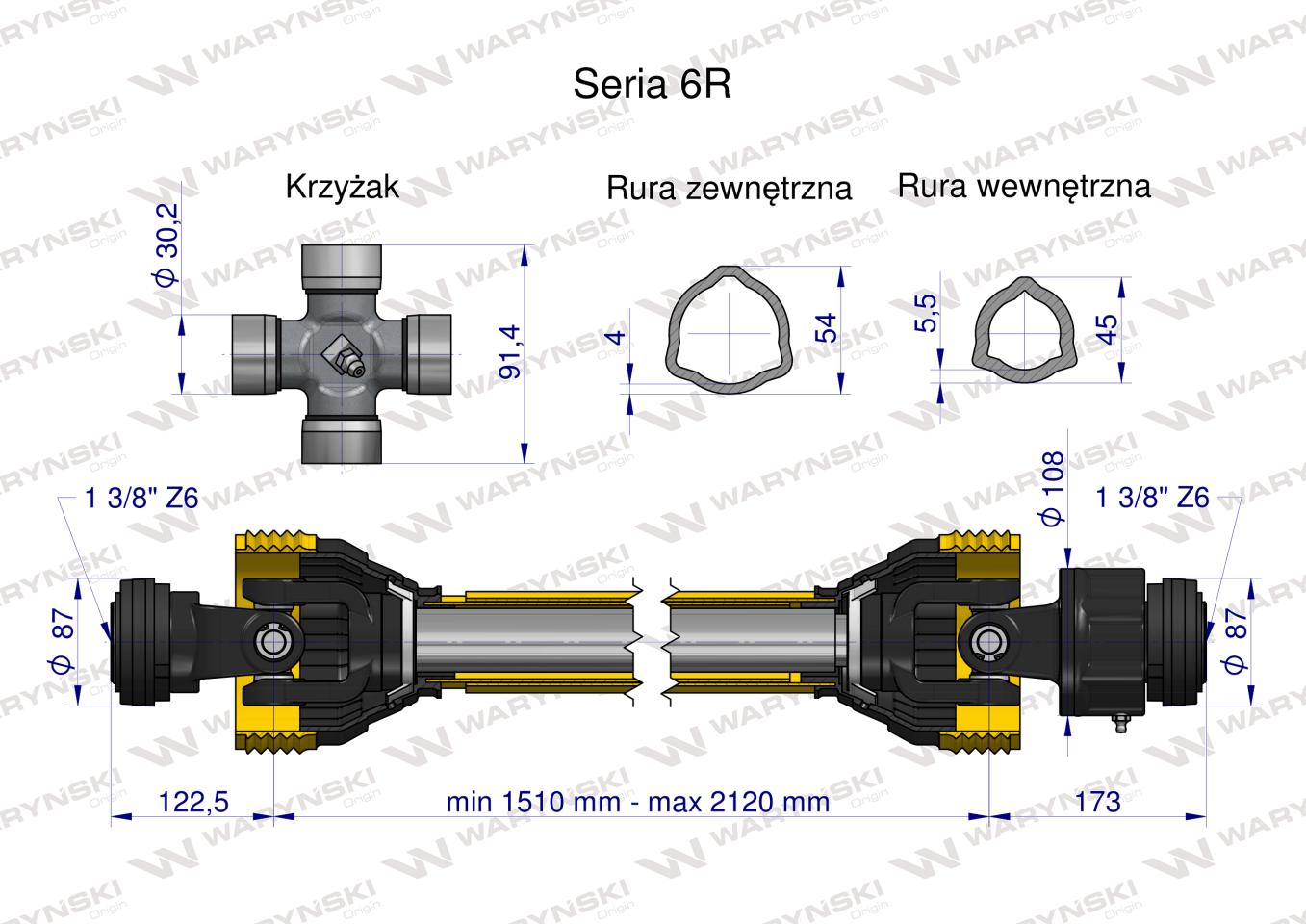 Wał przegubowo-teleskopowy 1510-2120mm 830Nm sprzęgło jednokierunkowe CE 2020 seria 6R Waryński