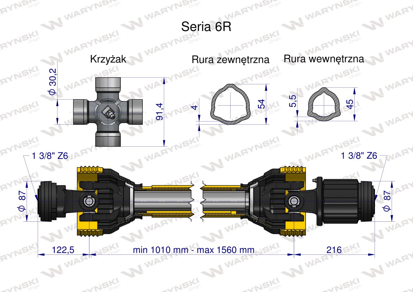 Wał przegubowo-teleskopowy 1010-1560mm 830Nm sprzęgło zapadkowe 1200 Nm CE 2020 seria 6R Waryński
