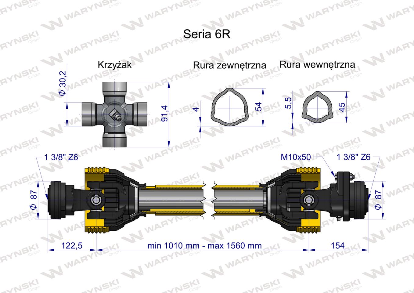 Wał przegubowo-teleskopowy 1010-1560mm 830Nm sprzęgło z kołkiem 2500Nm CE 2020 seria 6R WARYŃSKI