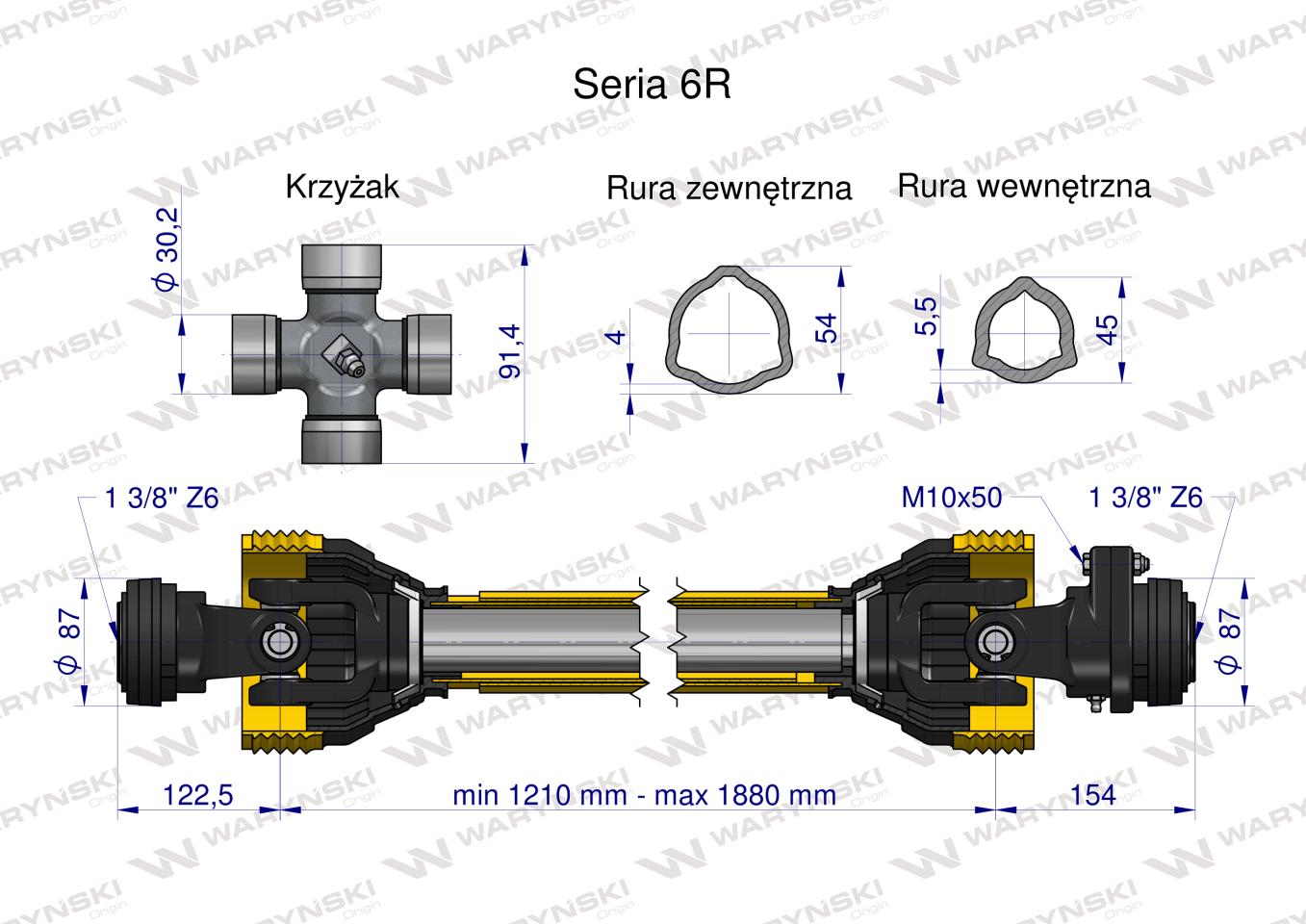 Wał przegubowo-teleskopowy 1210-1880mm 830Nm sprzęgło z kołkiem 2500Nm CE 2020 seria 6R Waryński
