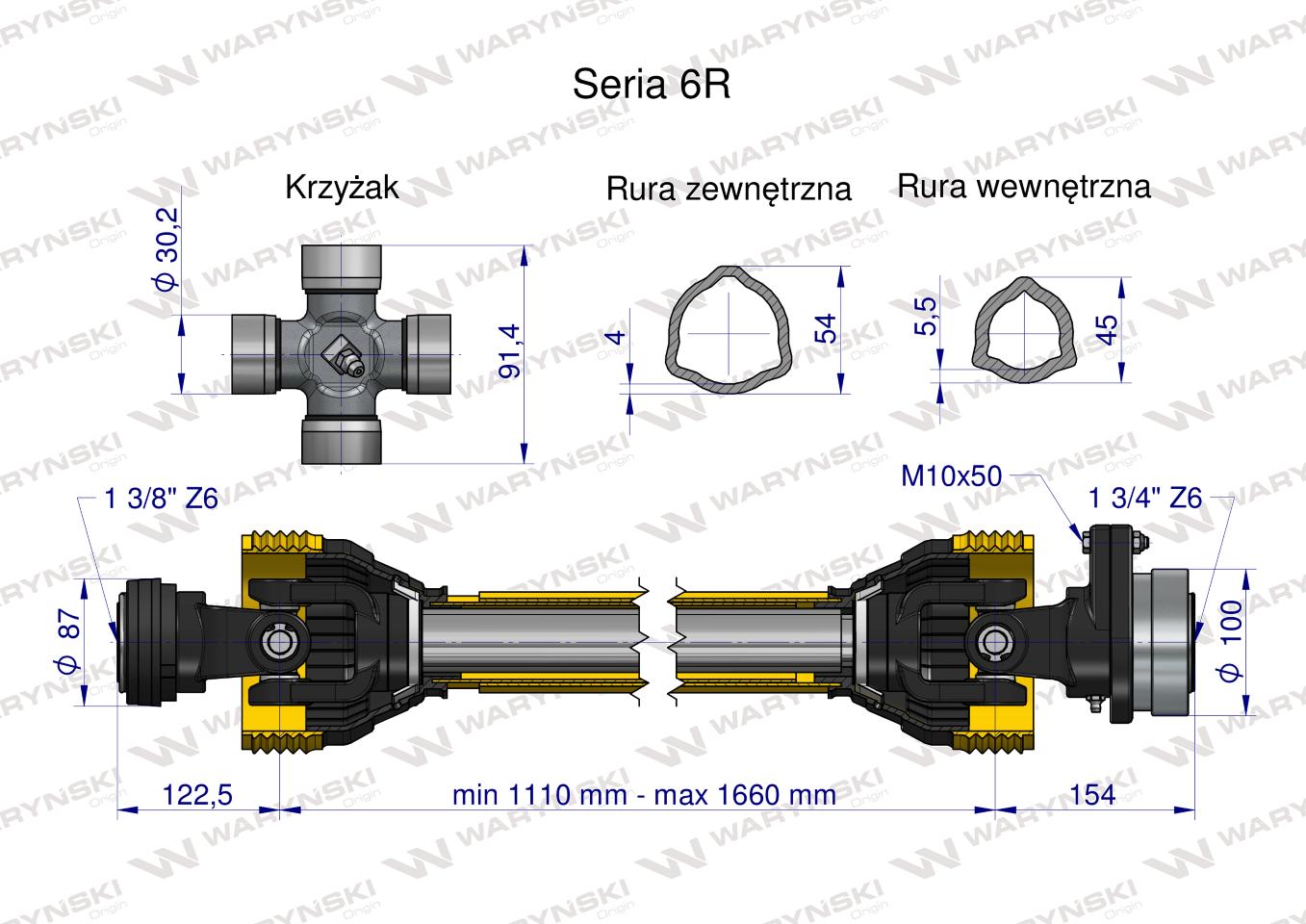 Wał przegubowo-teleskopowy 1110-1660mm 830Nm sprzęgło z kołkiem 2200Nm Z6 - 1 3/4 CE 2020 seria 6R WARYŃSKI