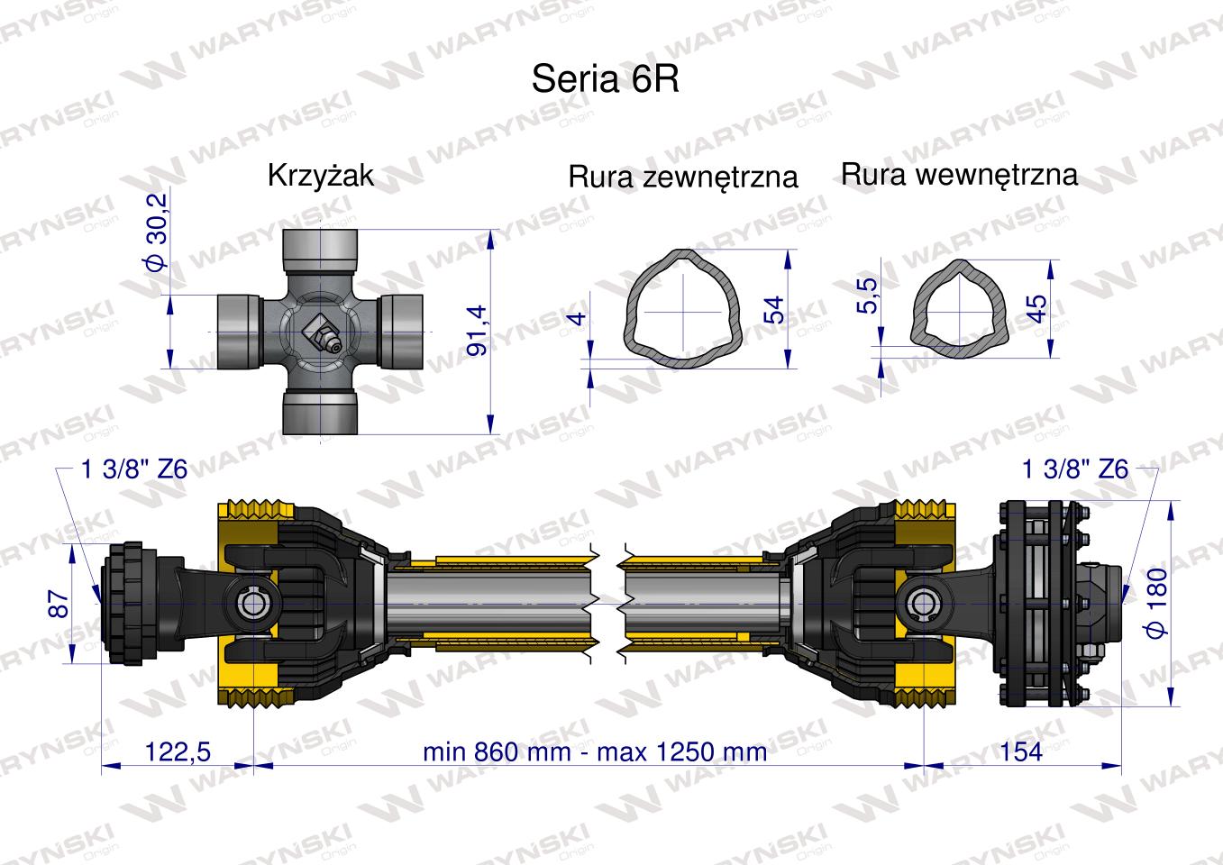 Wał, przegubowo-teleskopowy 860-1250mm 830Nm sprzęgło cierne tarczowe 1200Nm CE 2020 seria 6R, Waryński