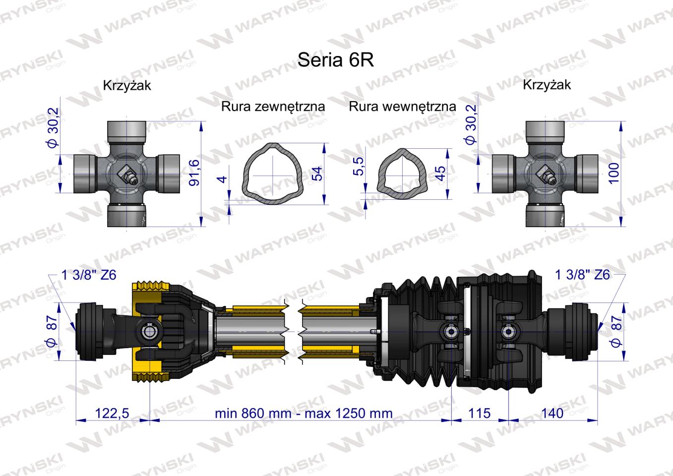 Wał przegubowo-teleskopowy 860-1250mm 830Nm szerokokątny CE 2020 seria 6R WARYŃSKI